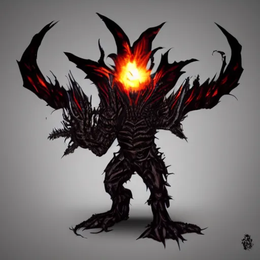 Prompt: monster with many arms and epic edgy armor. Black flames around him.