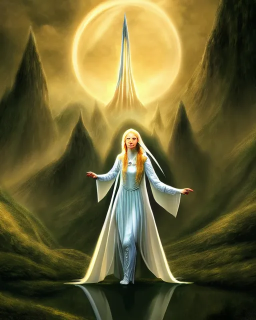 Image similar to Galadriel from Lord of the rings, Cover art by Stephen Bliss, boxart, loading screen, 8K resolution