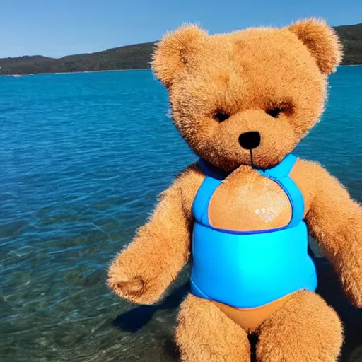 Prompt: a teddy bear wearing a swimsuit, going for a swim with arm floaties