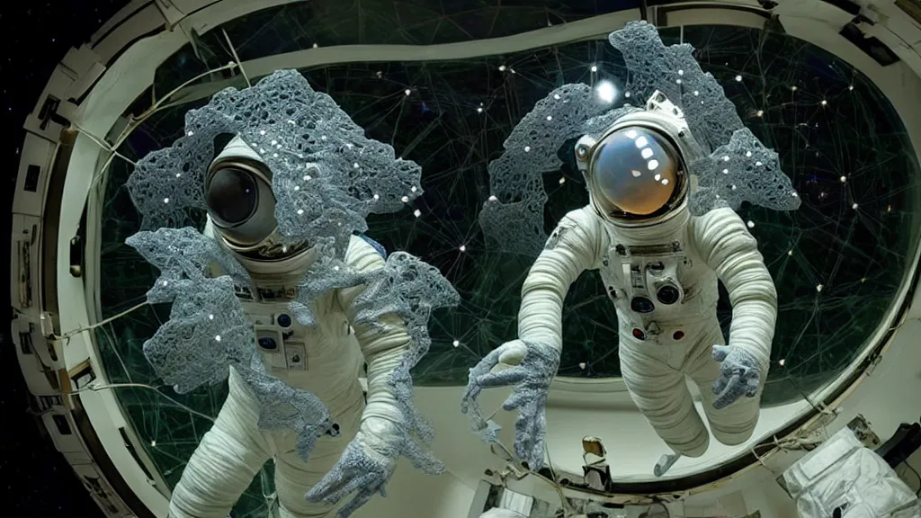 Prompt: a single astronaut eva suit made of diamond 3d fractal lace iridescent bubble 3d skin and covered with insectoid compound eye camera lenses floats through the living room, film still from the movie directed by Denis Villeneuve with art direction by Salvador Dalí, wide lens,