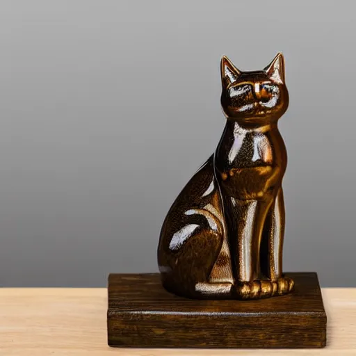 Prompt: glass statue of cat on wooden table with ambient light,