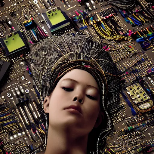 Image similar to tapping in to something greater, serene power, piles of modular synth cables, goddess laying down wearing a headpiece made of circuit boards, by cameron gray, wlop, stanley kubrick, masamune, hideki anno, unique perspective, trending on artstation, 3 d render, vivid