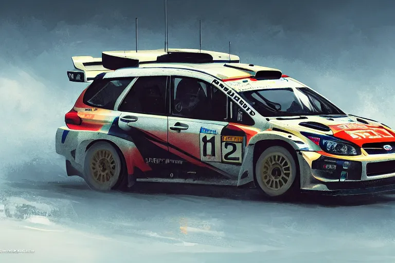 Image similar to wrc subaru rally car, forza, trending on artstation, higly detailed, ( higly detailed ), styleframe, crowned, by rhads, makoto shinkai and lois van baarle, by feng zhu and loish and laurie greasley, wlop