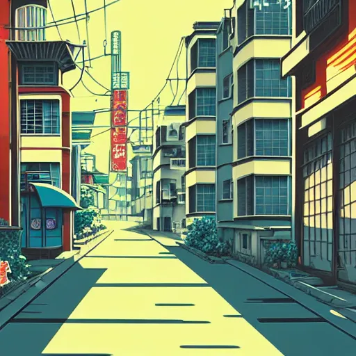 Image similar to anime tokyo residential quiet street scenery only wallpaper aesthetic, vintage retro colors, beautiful