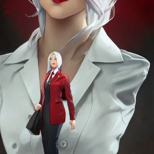 Image similar to a girl wearing a business suit, grey hair, red necktie, cinematic, twintails, stunning, highly detailed, digital painting, artstation, smooth, hard focus, full body shot, illustration, art by artgerm and greg rutkowski and alphonse mucha