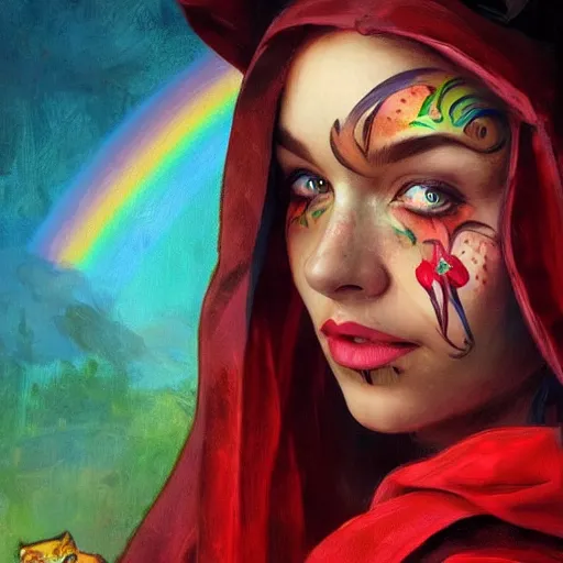 Image similar to Beautiful face Portrait of Little Red Riding Hood with a rainbow panther, face painting, dramatic lighting, intricate, wild, highly detailed, digital painting, artstation, concept art, smooth, sharp focus, illustration, art by artgerm and greg rutkowski and alphonse mucha, footage from space camera