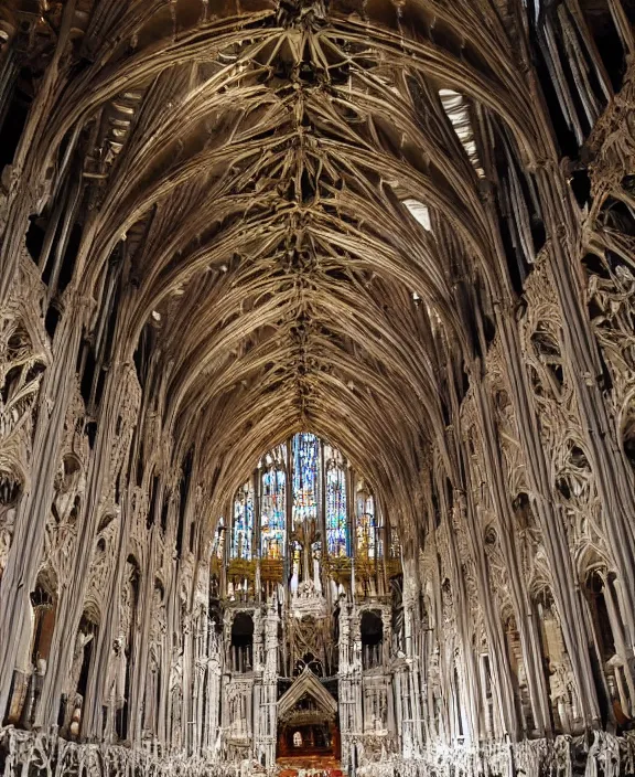 Image similar to an interior view of a grand cathedral made of bones and gemstones