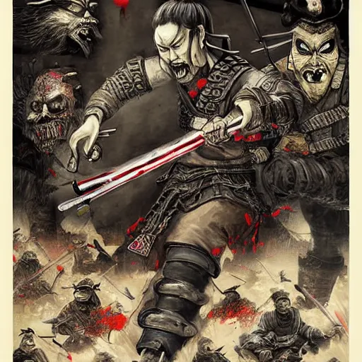 Prompt: highly detailed painting of a samurai battling zombies, gruesome, scary, sci-fi, hyper realistic, in the style of Star Wars, noir