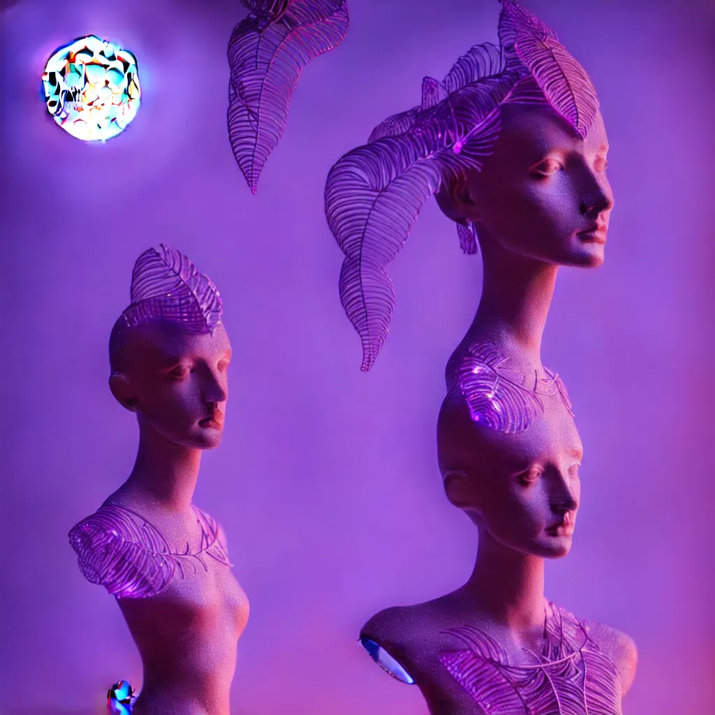 Image similar to beautiful mannequin sculpted out of amethyst by billelis + lit with 3 d geometric neon + facing a doorway opening with neon pink geometric fractal light + flowering hosta plants!!!, moon in background!!, moody, dramatic, rule of thirds, confident, award winning, 4 k, trending on artstation, photorealistic, volumetric lighting, octane render