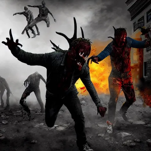 Prompt: Devil fighting with zombies, hyper realistic, higly detailed,