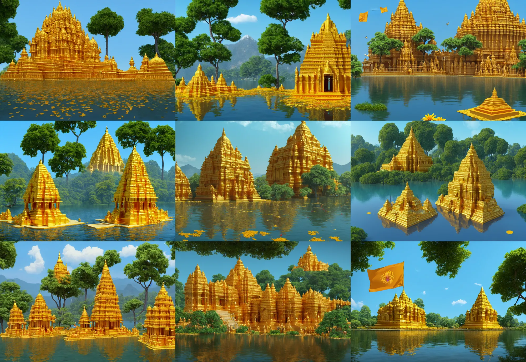 Prompt: an ancient hindu temple made of gold with saffron flag on top in serene floral environment alongside a beautiful lake, birds flying, bright blue sky, art deco, oak trees, mountainous background, distant, high angle, wide angle, global illumination, trending on artstation, octane render, cgsociety, surrealist, cinematic, unreal engine 5