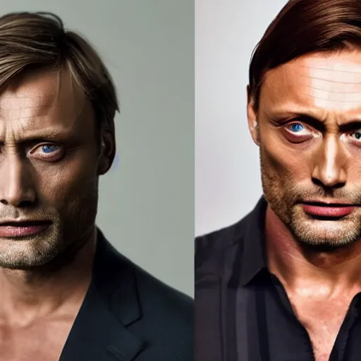 Image similar to a man who is a genetic combination of mads mikkelsen and jude law face and upper - body focus