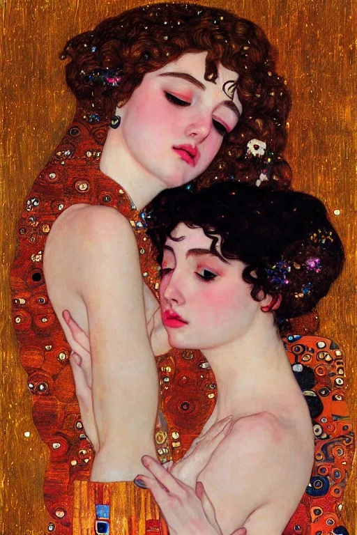 Image similar to two beautiful young goddess, red lighting, kiss, highly detailed, artstation, illustration, art by Gustav Klimt