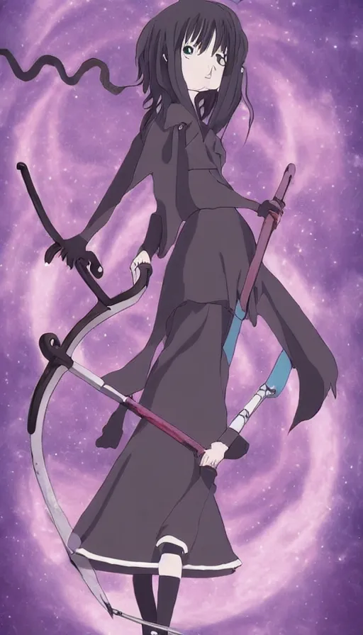 Prompt: the being death as a cute anime girl with a giant scythe from a studio ghibli film inspired by the death tarot card, dark vibes