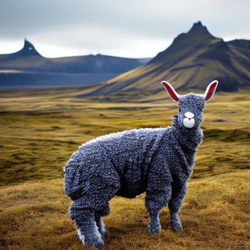 Prompt: a bipedal lamb wearing a sweater staring at the camera, bokeh, iceland hills in the background