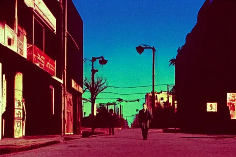 Image similar to old israeli street, todd solondz walking alone, smoking, vaporwave colors, state of melancholy, romantic, dimmed lights, realistic