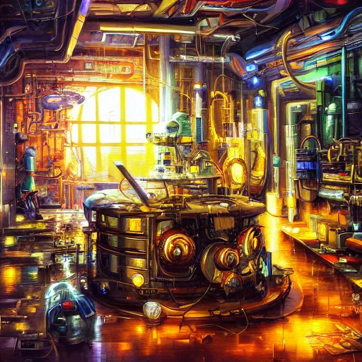 Image similar to fusion reactor in a cyberpunk tinkerer's workshop cryengine render by android jones, james christensen, rob gonsalves, leonid afremov and tim white