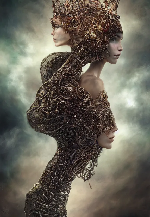 Image similar to epic portrait of menacing and anxious yet stunningly beautiful biomechanical djinn overseeing the iridescent fabric of time and space, by charlie bowater, mandy jurgens, gustav klimt, octane render, dramatic camera angle, 4k, 8k, high detail, HDR, by tom bagshaw, powerful, with inspiration from Beksinski, inspired by greek goddess Athena