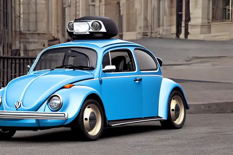 Prompt: an reimaginated Volkswagen Beetle designed by John DeLorean, ultra realistic, high reflections, back to the future photography