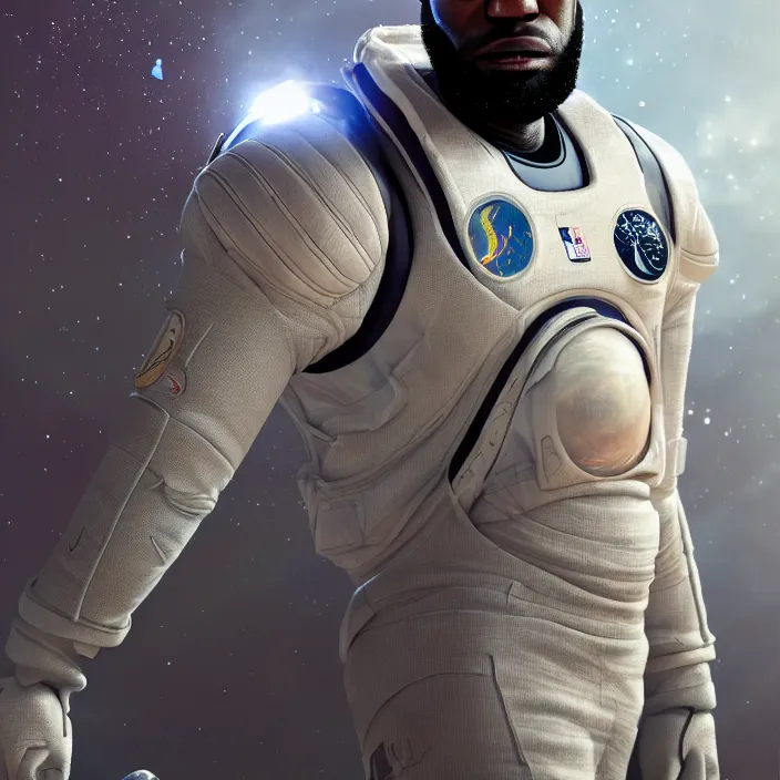 Prompt: very detailed portrait of a majestic lebron james, dressed in a spacesuit, sci - fi, futuristic, details, intricate, octane render, redshift, smooth, illustration, fairy lighting, stars and planets in the background, hyperrealistic, by dmitry prozorov, loish, and wlop, trending on artstation, hyperdetailed, hyperrealism