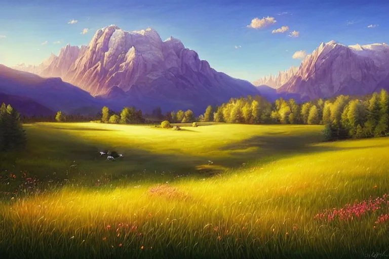 Image similar to landscape painting of meadows with mountainrange in background, nature, summer, fine details, magali villeneuve, artgerm, rutkowski