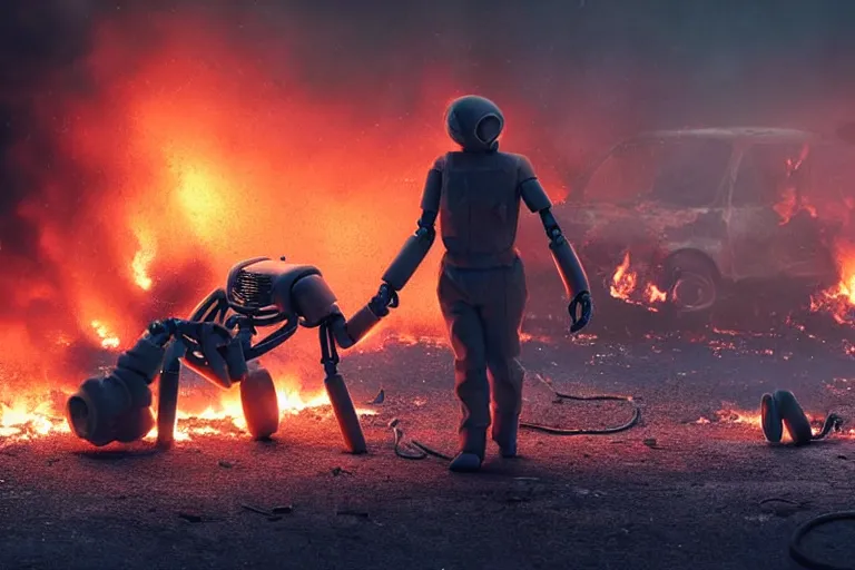 Image similar to vfx film closeup, dead robot couple on the ground holding hands, city street tire tracks fire. flat color profile low - key lighting award winning photography arri alexa cinematography, hyper real photorealistic cinematic atmospheric cool colorgrade