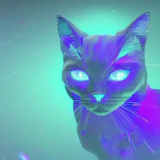 Prompt: spectral aesthetic cat surrounded by crystal, elegant, intricate detail, ombient occlusion, refraction, light particles, prism effect, post processing, 8k render, aspects of fantasy - - 10:16 - - n 6- i - s