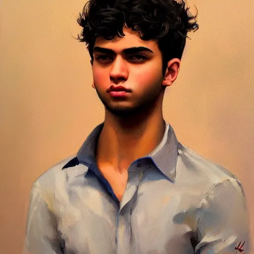 Image similar to oil painting by ilya kuvshinov, baugh casey, rhads, coby whitmore, of a youthful persian - indian college student, male, handsome, curly black hair, outdoors, highly detailed, breathtaking face, studio photography, dawn, intense subsurface scattering, blush, supple look, innocence, intense sunlight