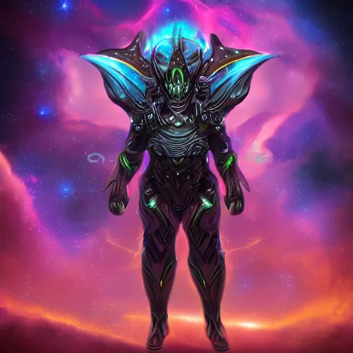 Image similar to photorealistic fantasy cosmic concept art of a cosmic nebula God in dark matter armor hovering in a unknown galaxy, fully body portrait, cinematic, dynamic lighting, ultra detailed, creative, trending on art station