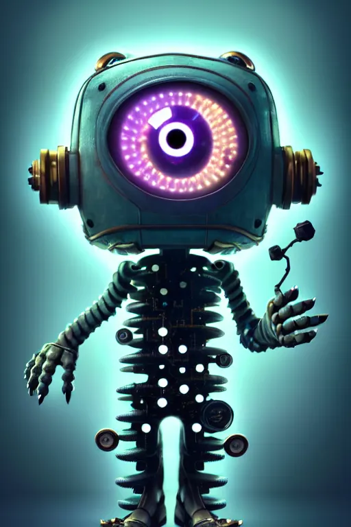 Prompt: a tiny cute cyberpunk monster with cogs screws big eyes smiling waving, back view, isometric 3 d, ultra hd, character design by mark ryden pixar hayao miyazaki, unreal 5, daz, hyperrealistic, octane render, cosplay, rpg portrait, dynamic lighting, intricate detail, summer vibrancy, cinematic, symmetrically isometrically centered