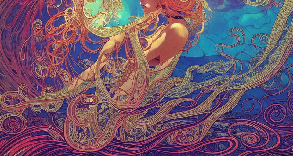 Prompt: insanely psychedelic ocean, paisley ripples, backlit, 🦑 dmt octopus, sunset, refracted lighting, psychedelic ocean art, elegant, 8 k resolution, intricate and fine details, digital painting, artstation, illustration, krenz cushart, alphonse mucha