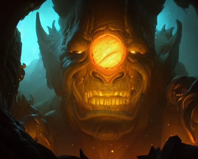 Image similar to a 4 k cinematic screenshot still portrait of a orc in a dark liminal space room surrounded by amber glow, deep focus, d & d, fantasy, intricate, elegant, highly detailed, digital painting, art station, concept art, matte, sharp focus, illustration, dark fantasy style art, hearthstone, art by artgerm and greg rutkowski and alphonse mucha