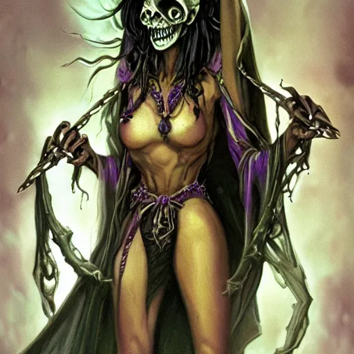 Image similar to cute undead purple cloaked female liches, grinning, from the second edition of hollow's guide to summoning undead, summoning undead friends, highly detailed, by brom, by larry elmore, artstation