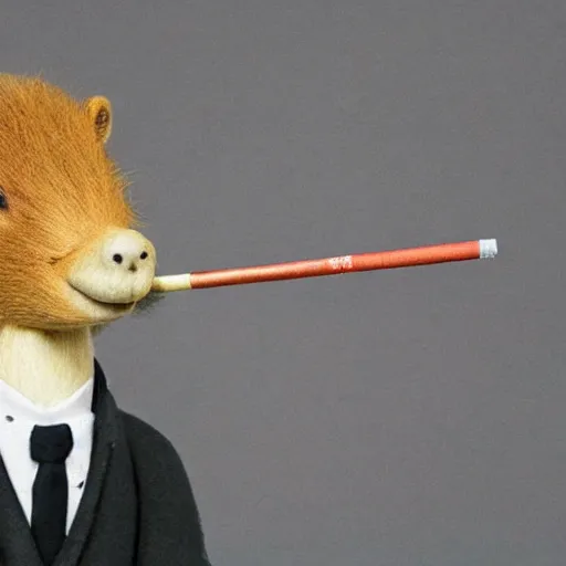 Prompt: a high detail photo of an antropomorphic capybara wearing a suit smoking a cigarrette, subject= duck, subject detail: wearing a suit, subject action: smoking a cigarrette photorealism