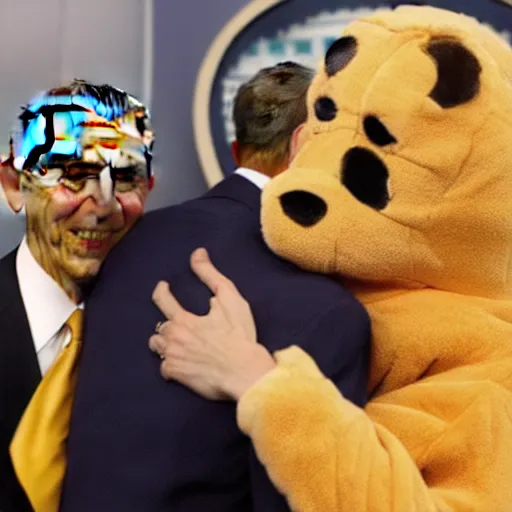 Image similar to president obama solemnly hugging a man dressed in a scooby doo costume