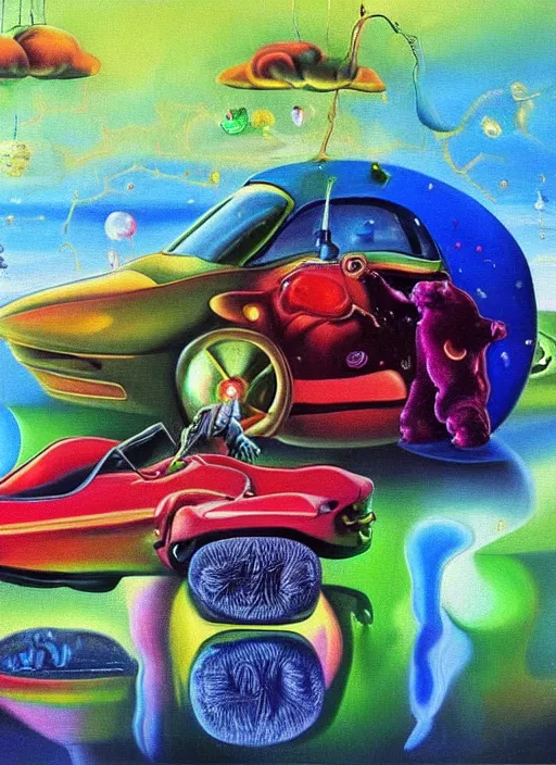 Image similar to an extremely high quality hd surrealism painting of a 3d gummybeary galactic neon complimentary colored cartoon surrealism melting lamborghini by kandsky and salvia dali the fourth, salvador dali\'s much much much much more talented painter cousin, 4k, ultra realistic, super realistic, so realistic that it changes your life