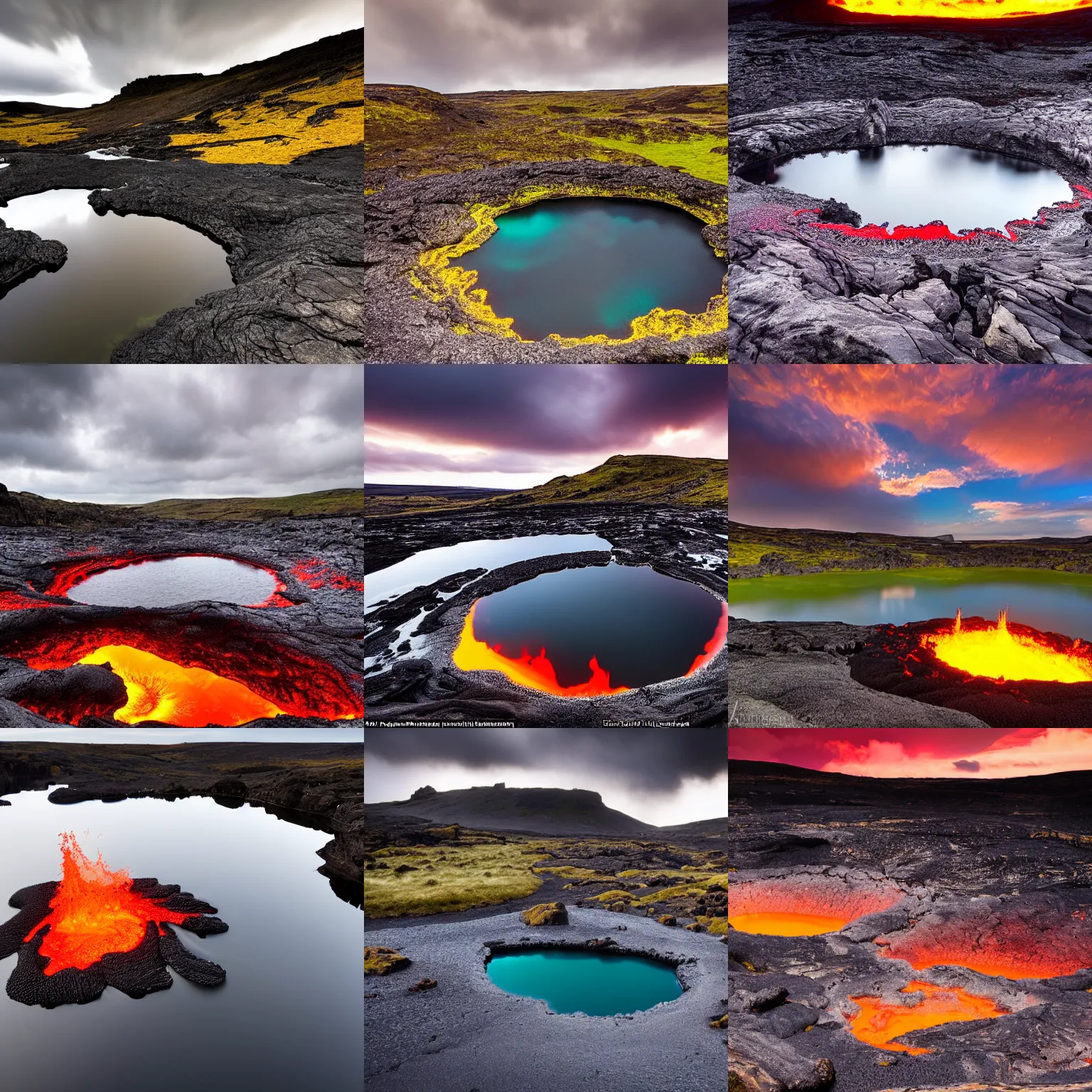 Prompt: An open lava lake, full of molten lava, in Dartmoor National Park, award winning landscape photography