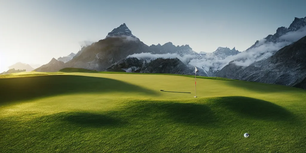 Image similar to a great photograph of the most amazing golf hole in the world, perfect light, in the swiss alps, high above treeline, ambient light, 5 0 mm, golf digest, top 1 0 0, fog