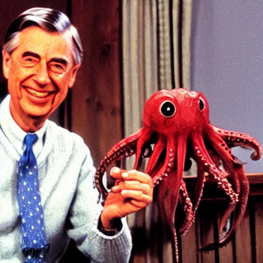 Image similar to mr. rogers proudly displaying a horrific mutated octopus demon that he holds in his hand. 4 k color horror photo.