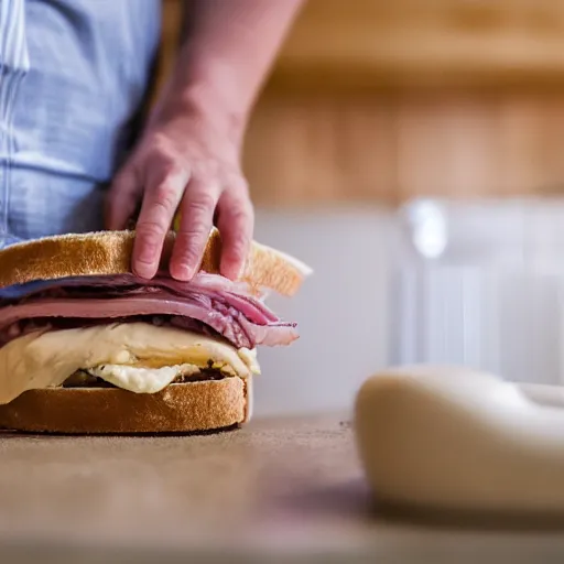 Prompt: an anthropomorphic cat makes a ham sandwich in a kitchen, 85mm f1.8