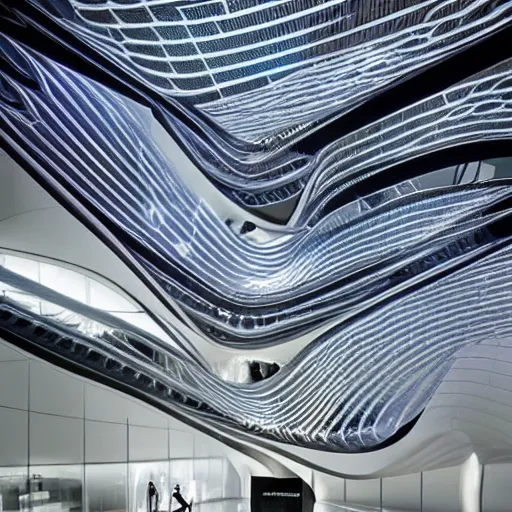 Prompt: stunning beautiful futuristic museum interior by Zaha Hadid, dragonfly wings pattern