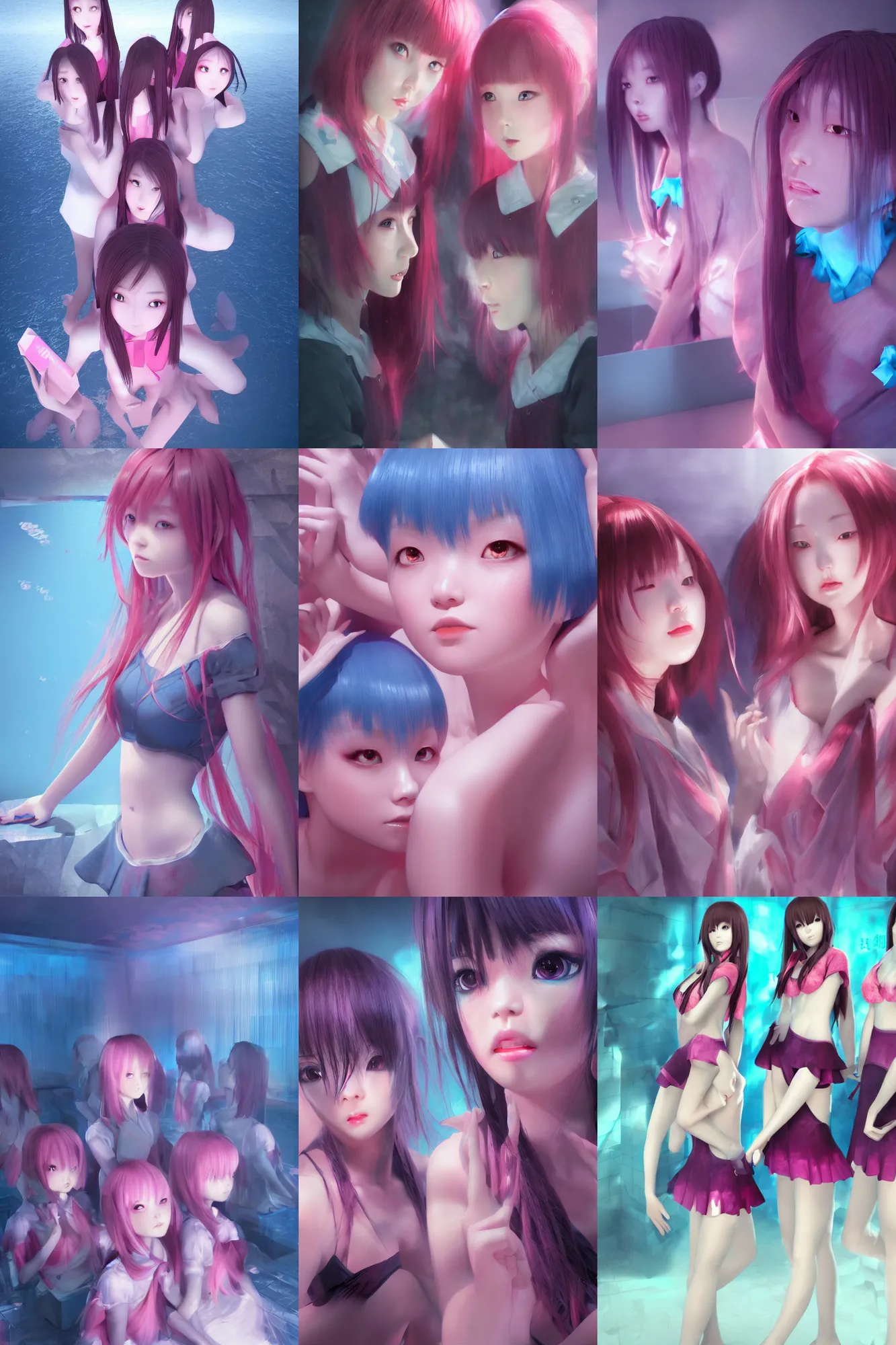 Image similar to 3d dark infrared octane render concept art by D. Jun, by Mo Xiang Tong Xiu, by Igarashi Daisuke, beauty portrait anime schoolgirls under dark pink and blue water. cute face. complex mirror room. dramatic light, trending on artstation.