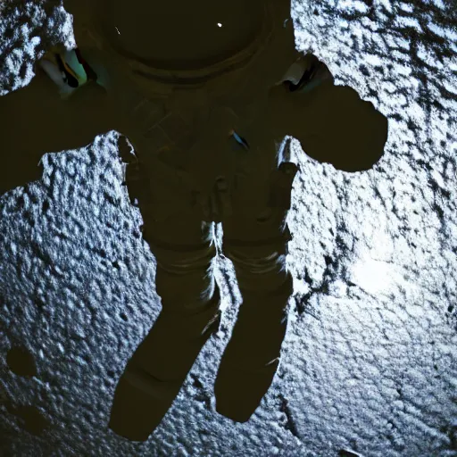 Image similar to photograph of an astronaut against the pitch black darkness of space, full body photo, lit from below, amazing light and shadow contrast,, 8 k