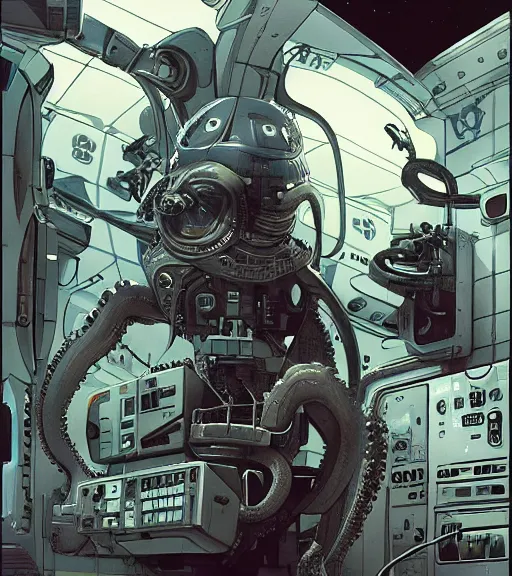 Prompt: a cybernetic realistic octopus in a space station, techwear, Industrial Scifi, detailed illustration, character portrait, by Ashley Wood and Moebius