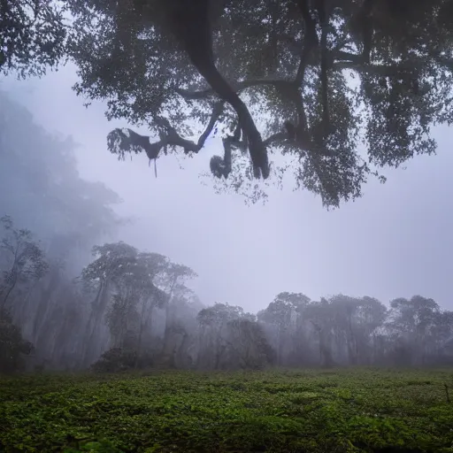 Prompt: A landscape of a jungle and a tornado, a hurricane, foggy landscape, blue bright sky