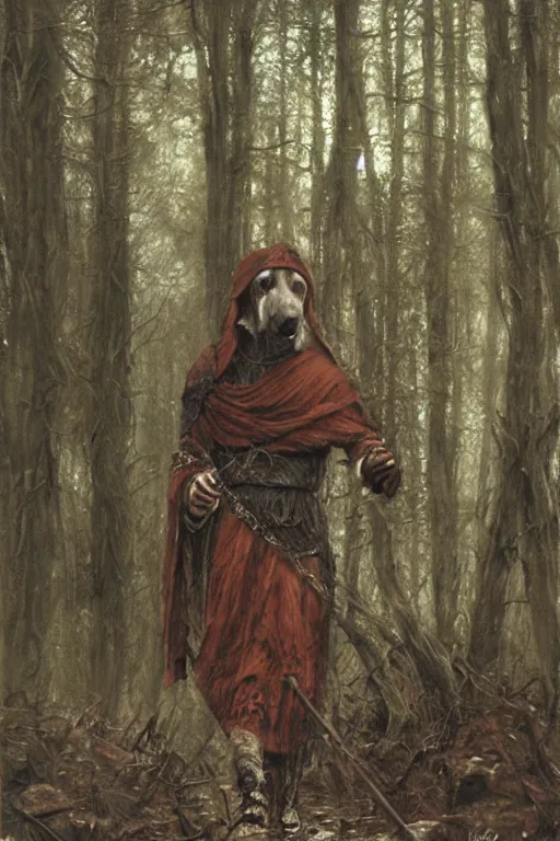 Prompt: slavic dog head man, woolen torso in medieval clothes, walking in the forest, orthodox saint christopher, art by luis royo, oil painting, painting by viktor vasnetsov, concept art, hyperrealism, beautiful, high resolution, trending on artstation,