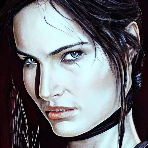 Image similar to Lara Croft detailed headshot Portrait, painting drawn by HR Giger