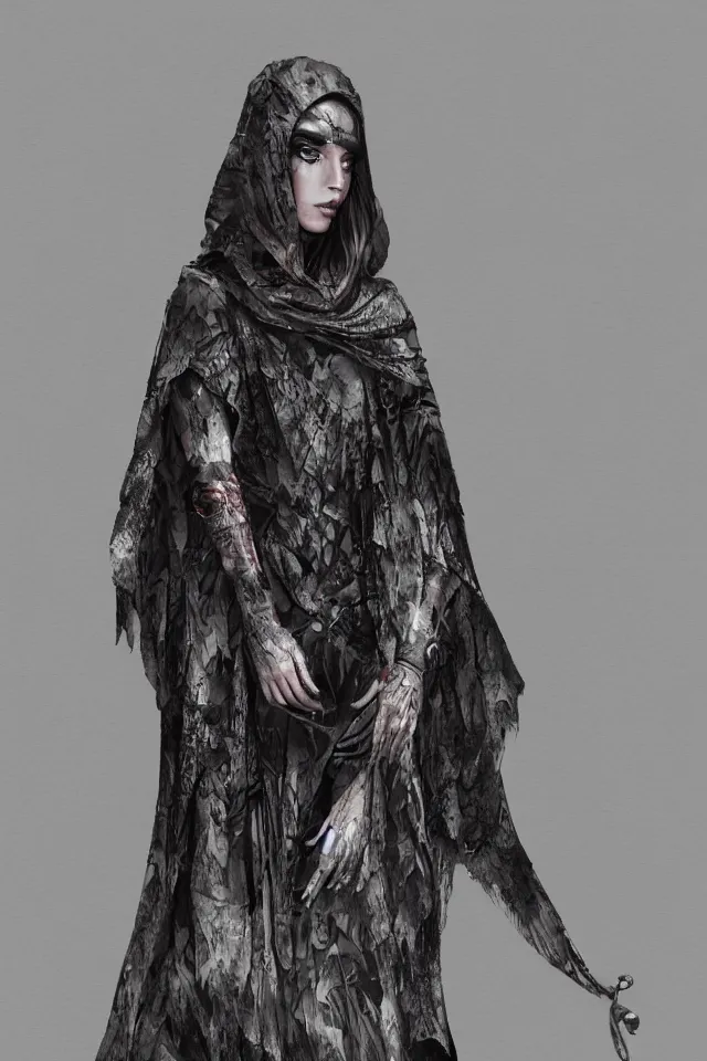 Image similar to realistic render, digital fashion, beautiful witch-woman in tactical camouflage poncho designed by alexander mcqueen and acronym, rim light, high key, ultra detailed, concept art, hyperdetailed
