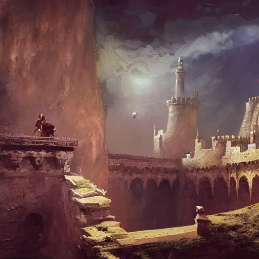 Image similar to prince of persia castle keep on glorious cliff moat with the crescent moon rippling above. Craig Mullins, Dylan Cole, Liang Mark, Darek Zabrocki, Finnian MacManus, Sung Choi, Ruan jia, Albert Bierstadt Greg Rutkowski, Cinematic Keyframe Environmental & Architectural Design Concept Art, Trending on ArtStation