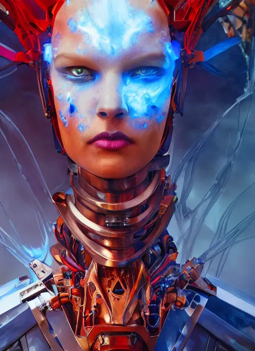 Image similar to ( ( symmetry ) ) closeup portrait of a stunning armored cyborg female pirate captain, strong cinematic light, backlight, red yellow blue, viscous smoke, fluid simulation, mist, by gerald brom, by mikhail vrubel, by peter elson, muted colors, extreme detail, trending on artstation, 8 k